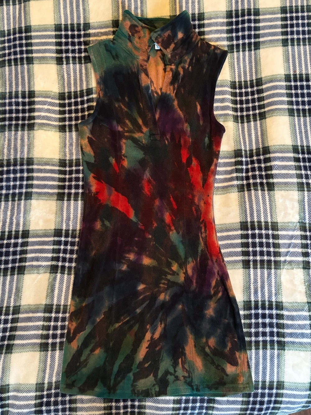 Sleeveless Collared V Neck Dark Tie-Dye Dress